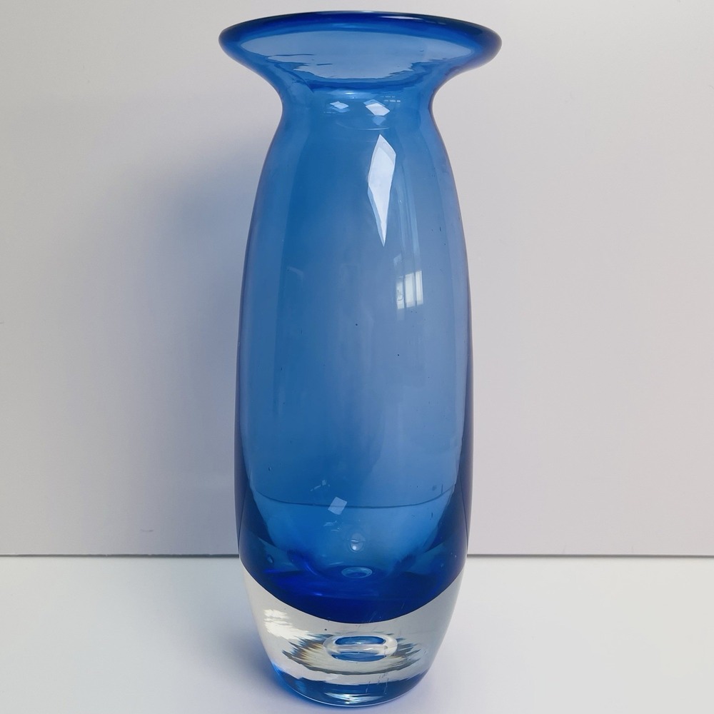 Cobalt Blue Clear Bottom Glass Vase‎ Hand Blown Controlled Bubble VIDEO
